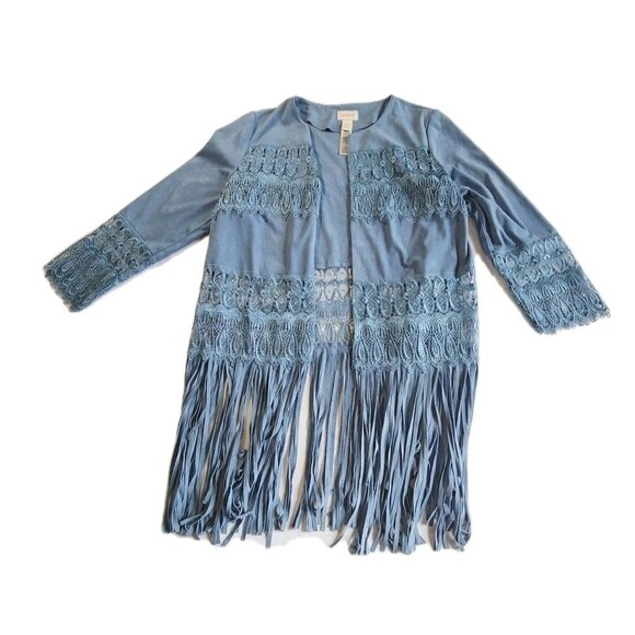 Chico's Light Blue Suede Fringe Lace Jacket - Boho Chic Style, Size 1 (XS) - Picture 1 of 11